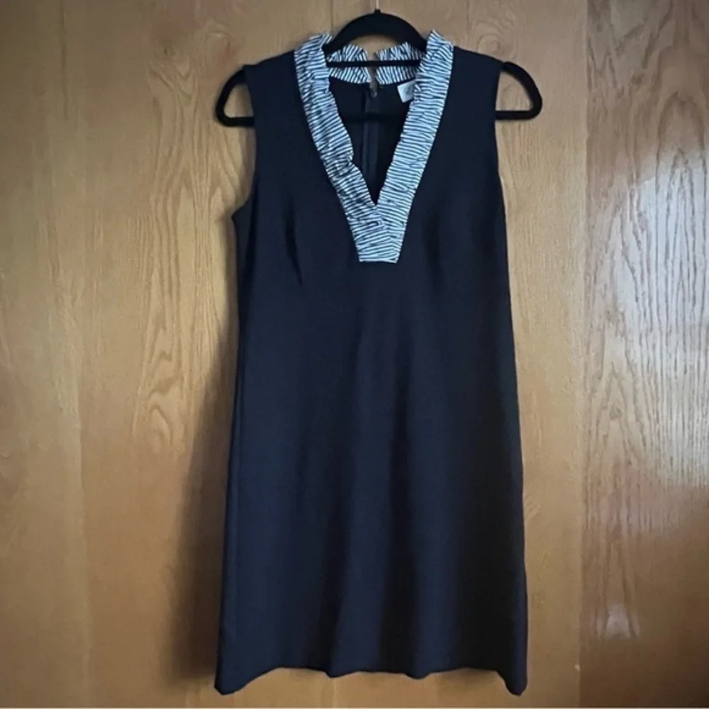 Eliza J size 6 navy blue with striped ruffle collar dress